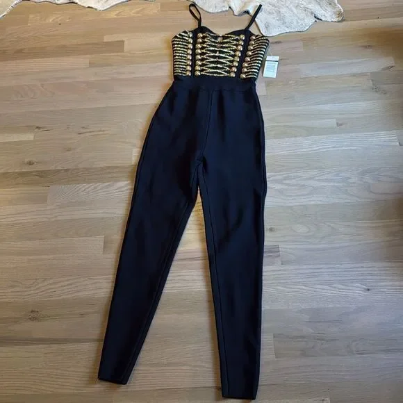 Dalia Macphee Black & Gold Bodycon Military Jumpsuit Size 2/4 Small NWT